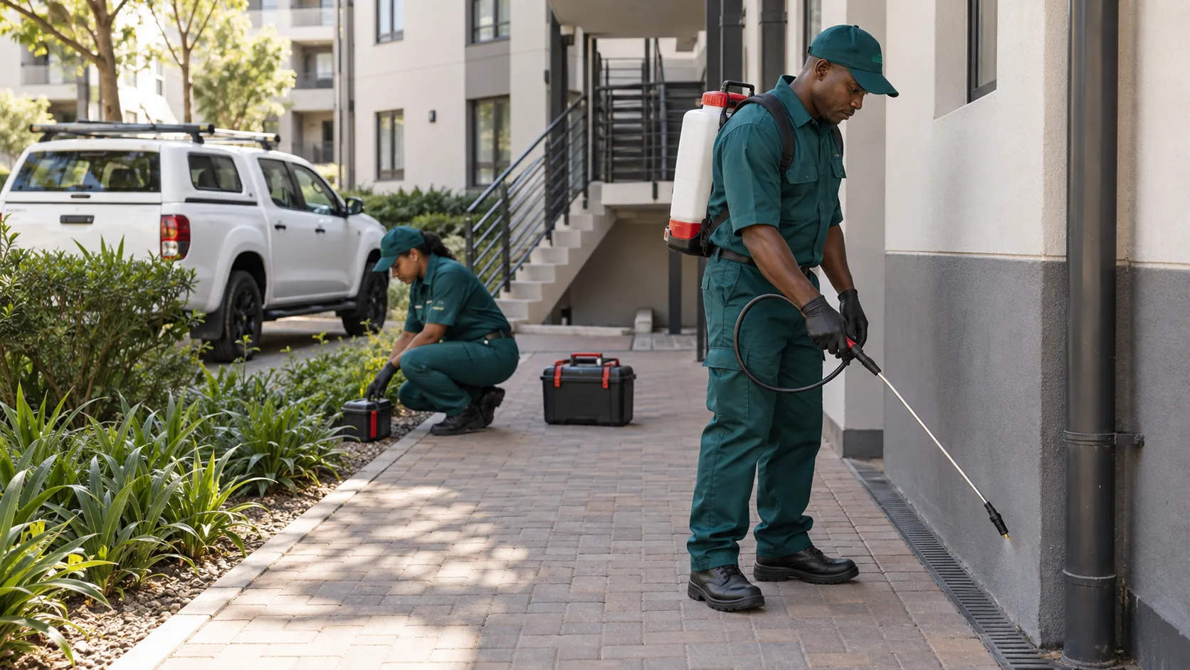 Pest control team servicing an apartment exterior walkway