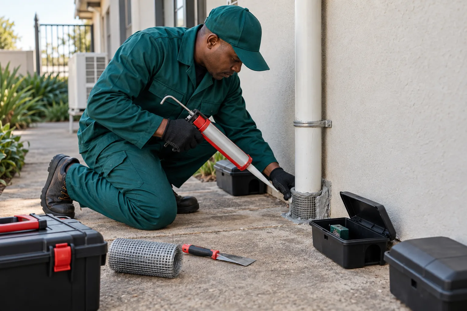 Rodent proofing and sealing work around exterior pipe access