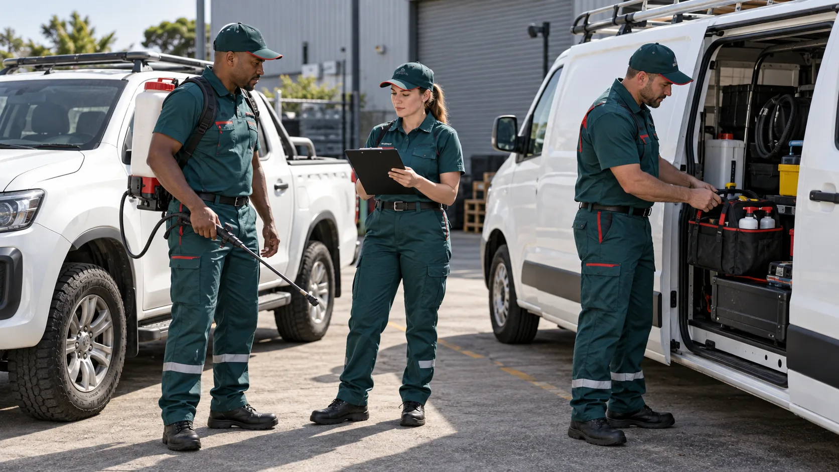 Pest control team preparing vehicles and spray equipment for field work