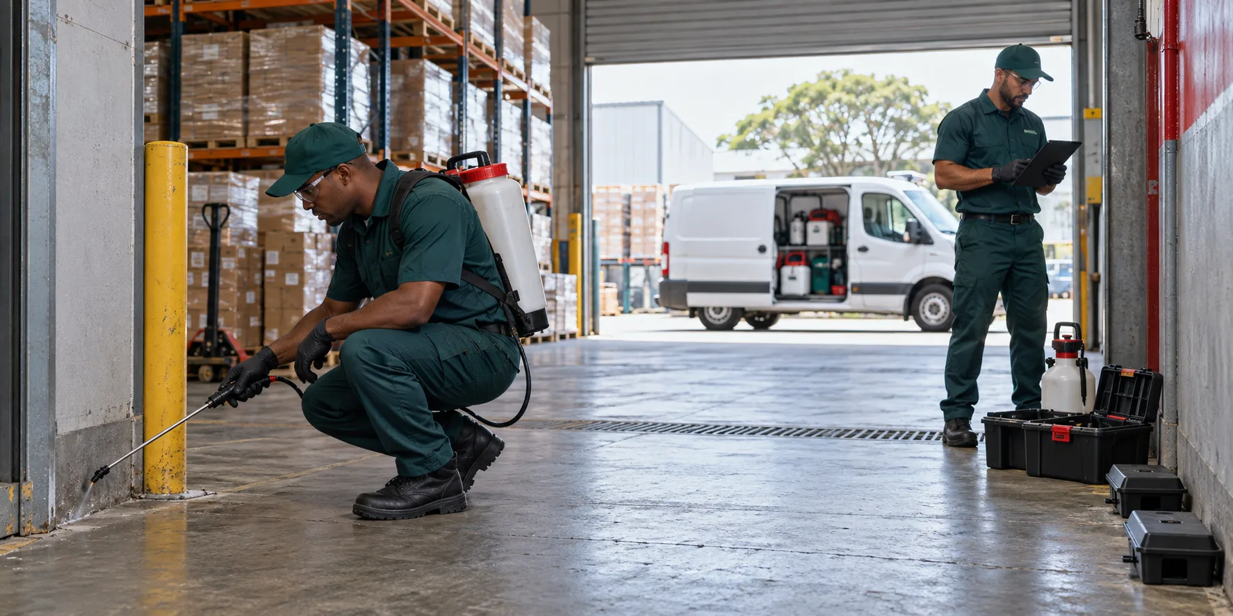 Warehouse pest control treatment with equipment and service vehicle